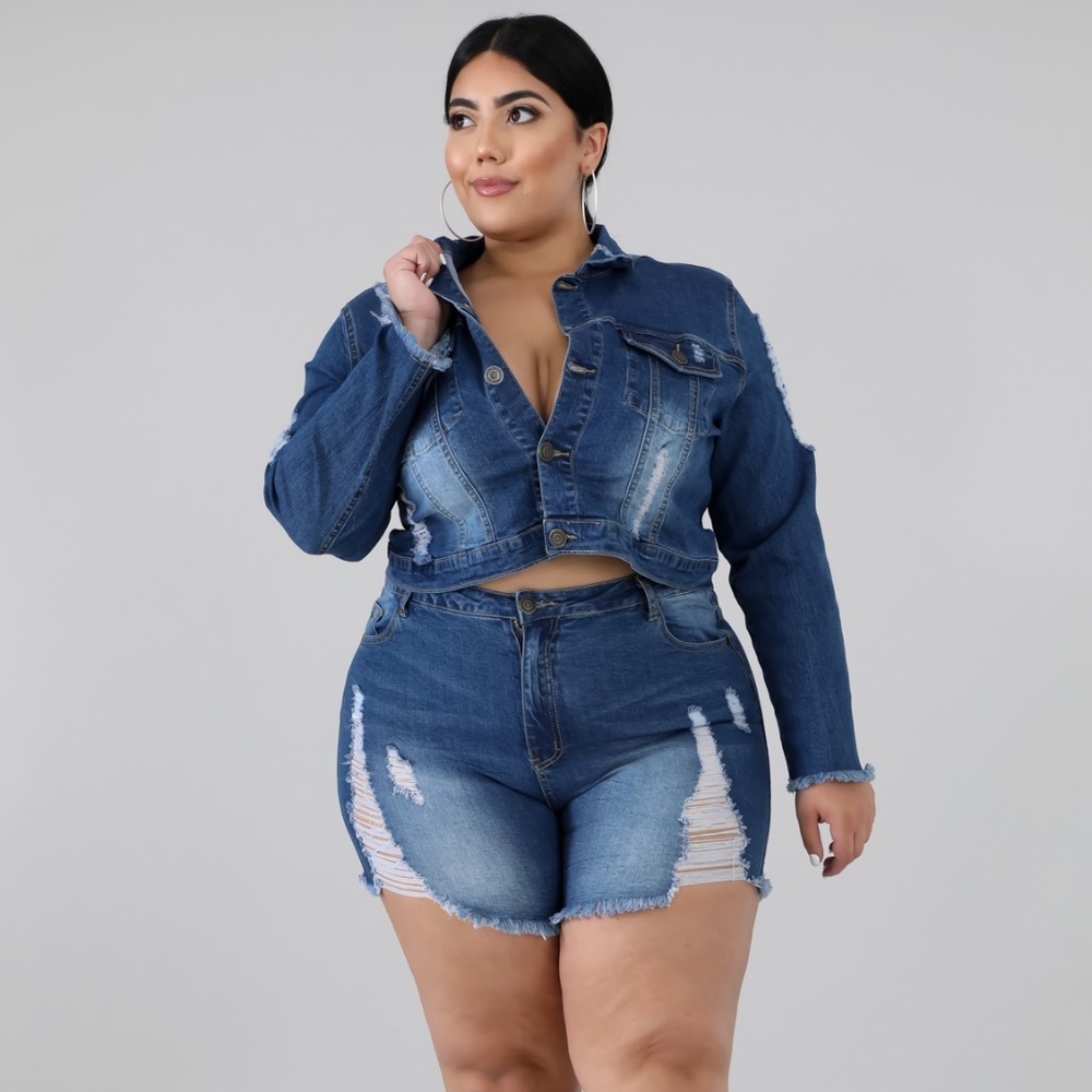 Go Girl Distressed Denim Short Set